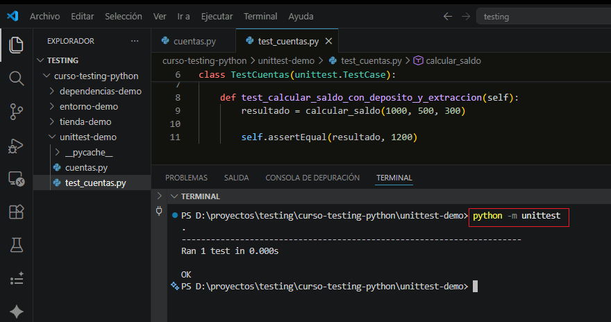 Salida esperada al ejecutar la primera prueba con unittest