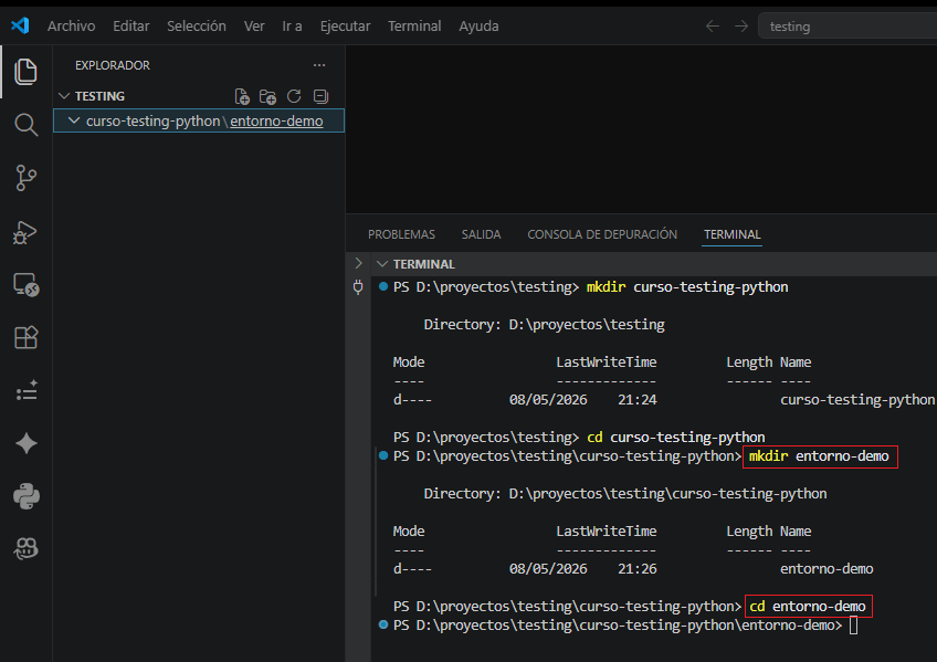 Creación del proyecto entorno-demo en la terminal