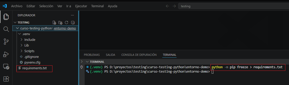 Generación del archivo requirements.txt con pip freeze