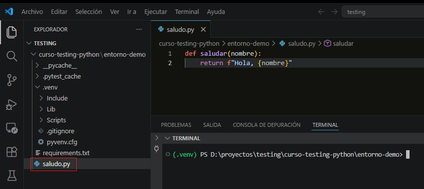 Código de la función saludar en el archivo saludo.py