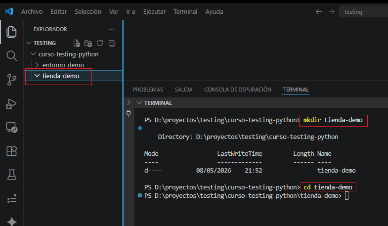 Creación del proyecto tienda-demo en la terminal