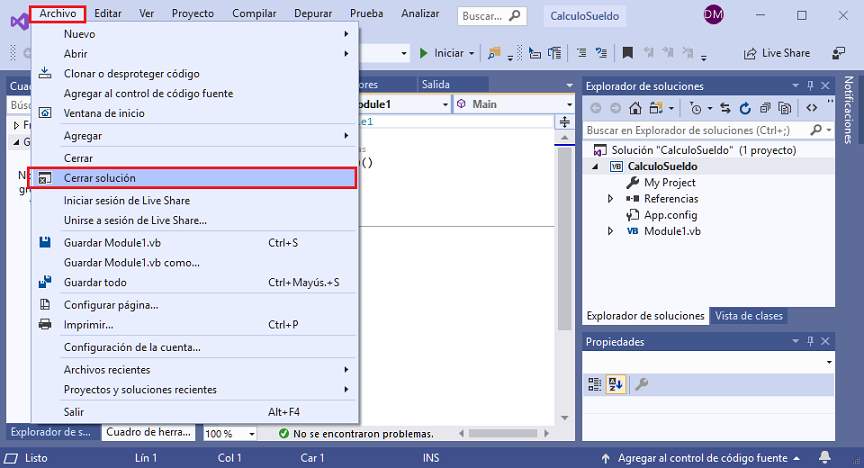 Cerrar solucion visual studio