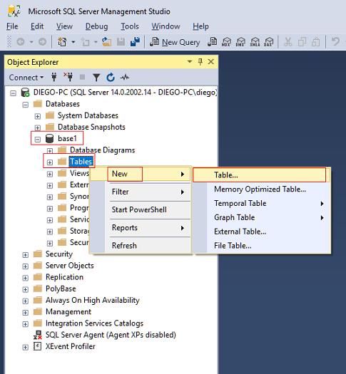 creacion de una tabla con el SQL Server Management Studio