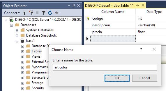 creacion de una tabla con el SQL Server Management Studio