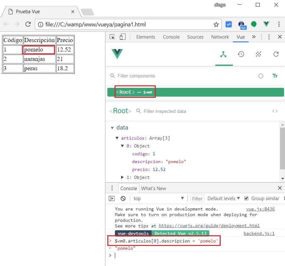 Vue Devtools modificación modelo de datos