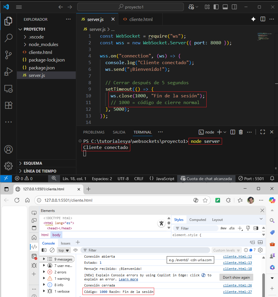 Secuencia de cierre WebSocket: onclose con code 1000 y reason 'Fin de la sesión'